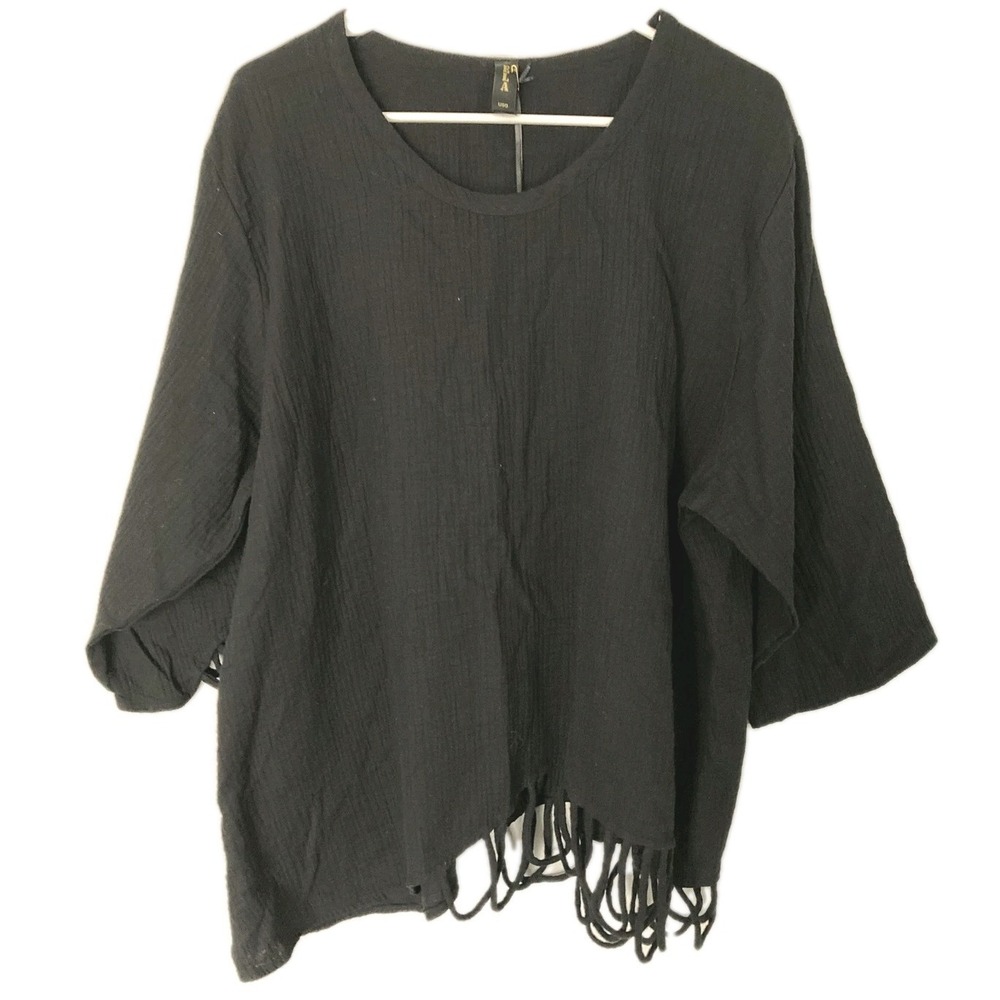 ELA Shirt Women 1X Black Loop Fringe Hem 3/4 Sleeve Crinkle Cotton Tunic Top NWT